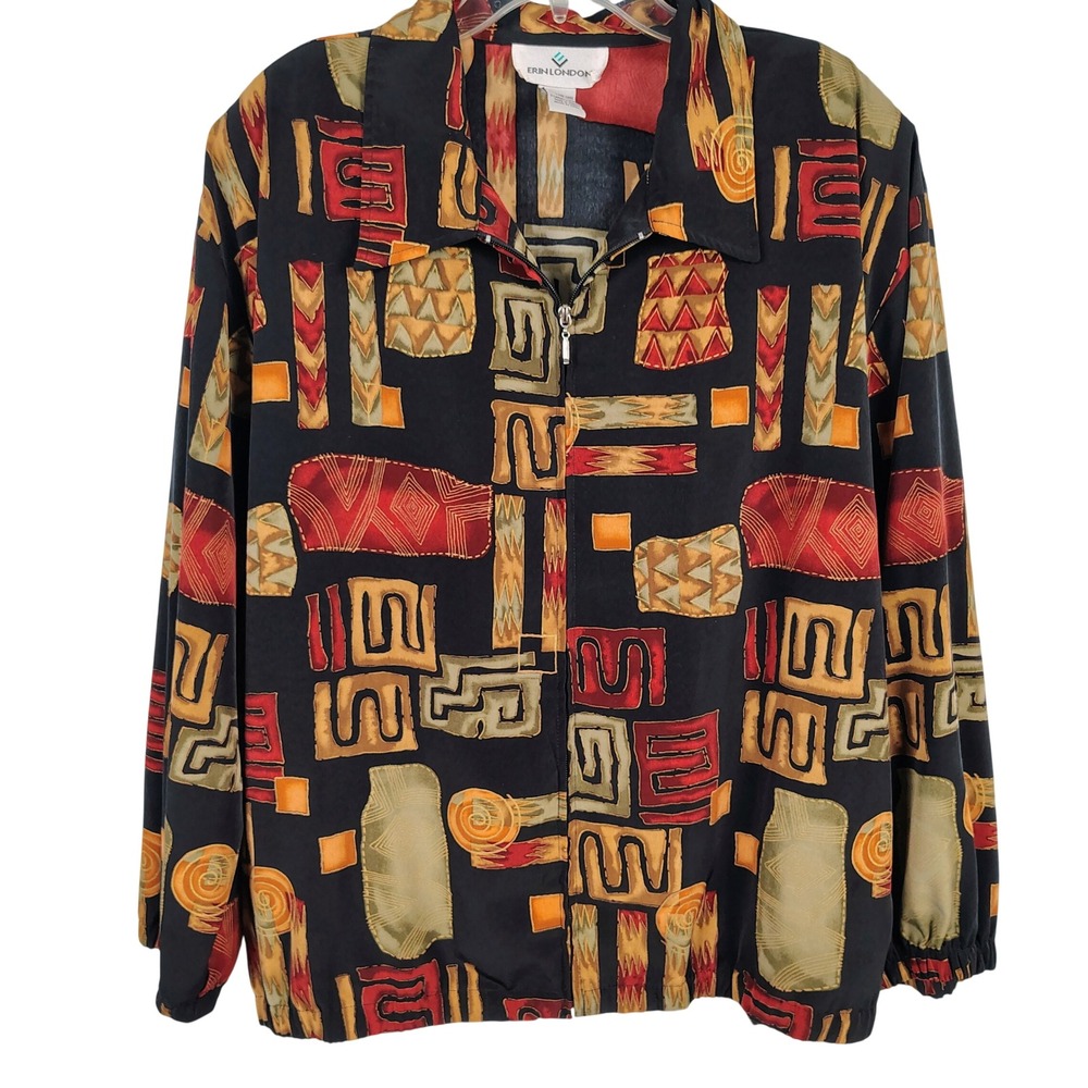 Erin London Womens XL Zip Up Jacket Multicolor Geometric Abstract Retro Art